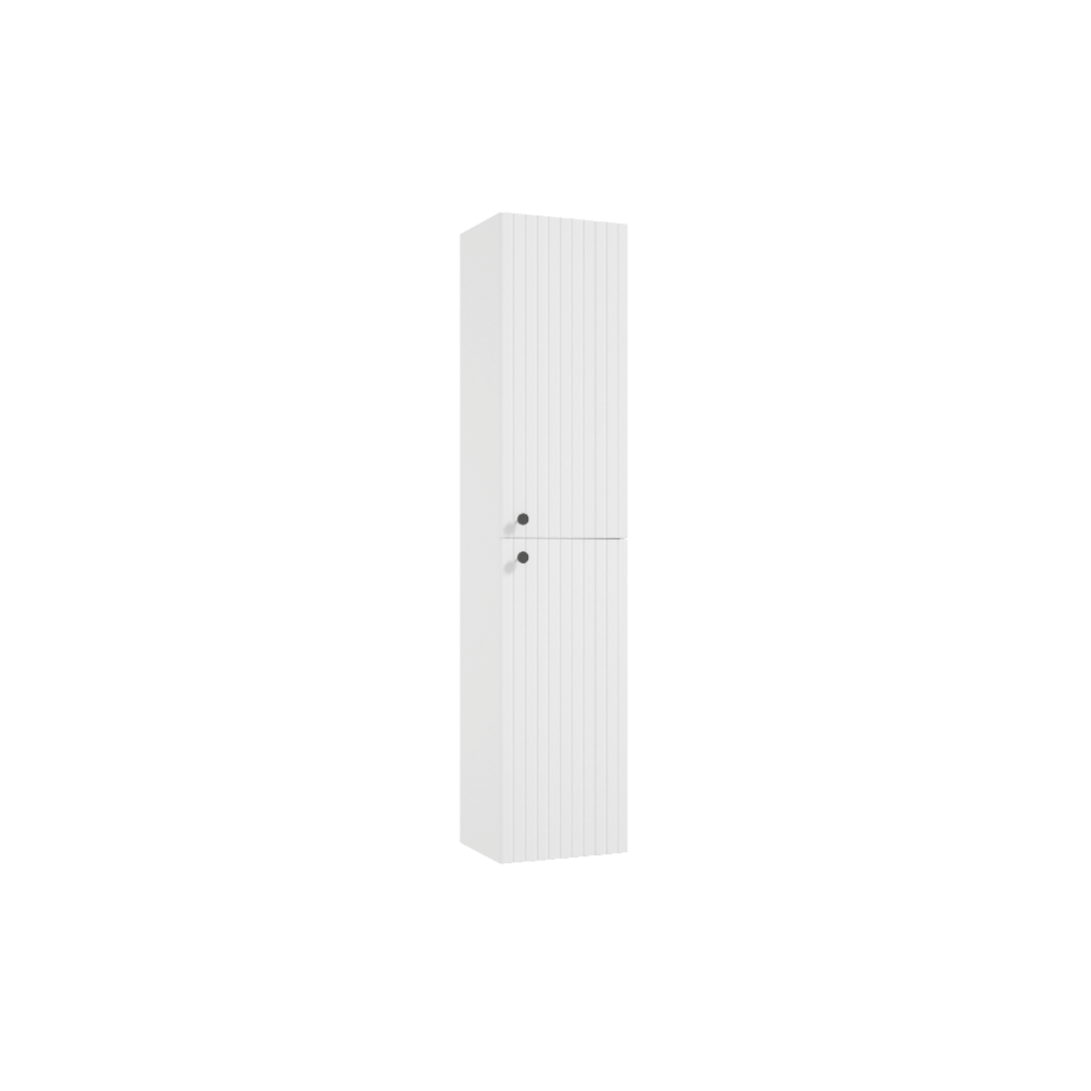 "Słupek wiszący, 37x31,8x170 cm, z systemem soft close, drzwi uniwersalne (lewe/prawe), regulowane półki szklane, biały mat"